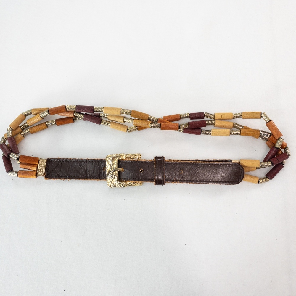 Express Belt Medium 27" - 31" Vintage Multicolor Wooden Beads Leather Gold